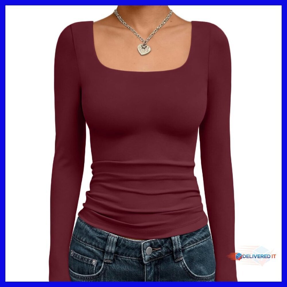 Long Sleeve Crop Top Y2K Square Neck Stretchy Polyester Spandex Tee